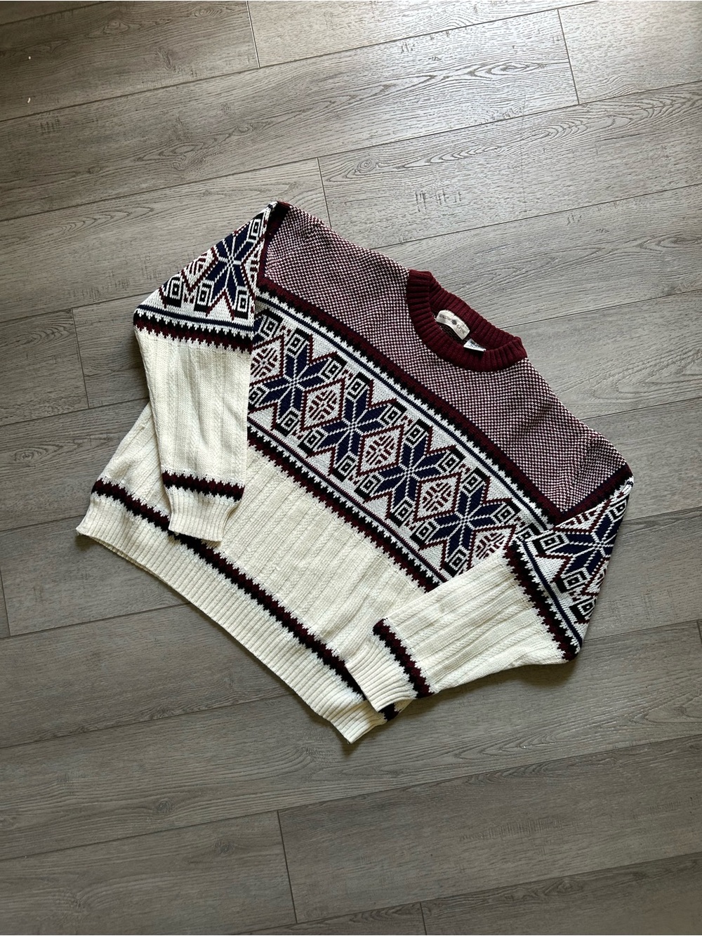 Women’s Crewneck Fair Isle Sweater in Burgundy, Navy & Cream